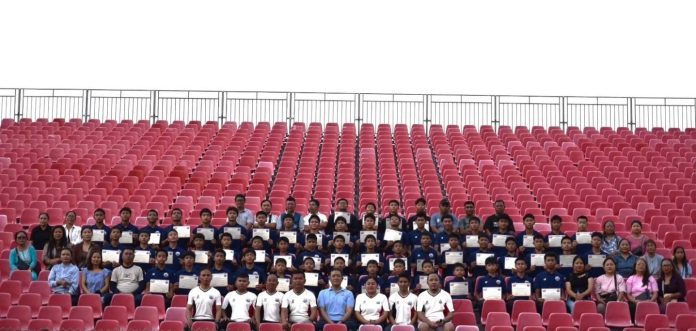MFA Elite Football Academy Young players of the MFA Elite Football Academy pose with coaches, officials, and parents during the 2025–26 season completion certificate distribution ceremony at RG Stadium, Mualpui, Aizawl, on June 6, 2026.