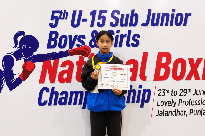 Sikkim boxer Soneya Subba displays her bronze medal and certificate at the 5th U-15 National Boxing Championship in Jalandhar, Punjab.